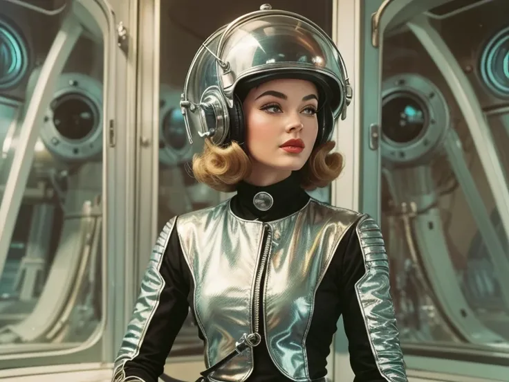 retro color work、Raw photo,Best Quality, master piece,high resolution,detailed,(Photorealsitic:1.4),Well-defined contours,1950retrofuturism、1950s retro science fiction drama、wore a strange helmet、50&#39;s retro-futuristic fashion clothes,young woman、perfec...