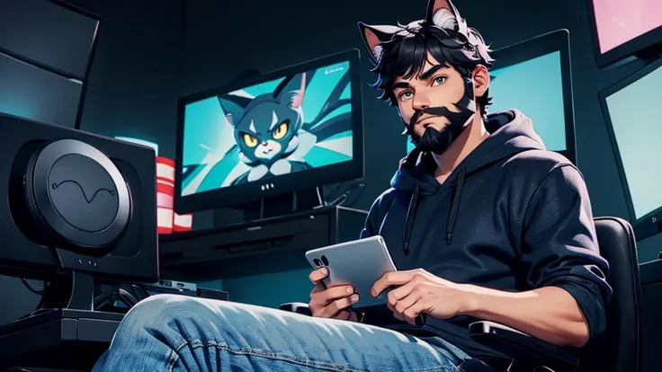 cat ears instead of regular ears, 30 years old, sitting in a gaming chair, male, wearing blue long jeans and a black hoodie, really thick beard, black short hair, next to a Pokémon, with computer screens in the background