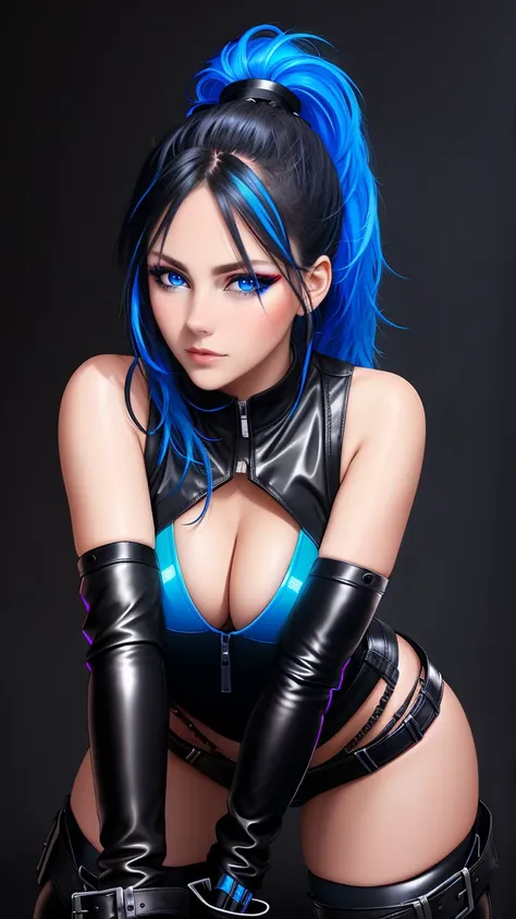 beautiful girl, full body, bright blue neon streaked dishevelled hair, ((large light realistic detailed eyes:1.3)), ((seductive pose:1.5)), black eyeshadow, (street style wear:1.2), ((tight fitted panties)), ((thigh high leather boots:1.3)),  ((dark plain ...