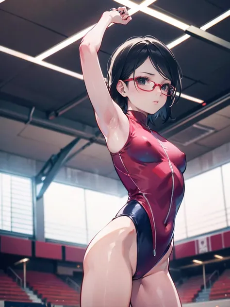 Sarada Uchiha, artistic gymnast, wearing a leotard, performing in the Gymnastics Stadium. She has short black hair and beautiful black eyes. Her small face and glasses enhance her graceful appearance. The focus of the artwork is on Saradas detailed and exp...