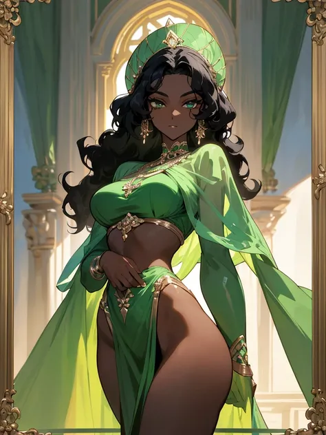 A woman with resplendent black skin, with curly black hair that forms a natural frame, displays emerald green eyes that capture attention. Her body features an elegant slim waist, robust thighs and a delicately , while wearing a stunning Grecian outfit tha...