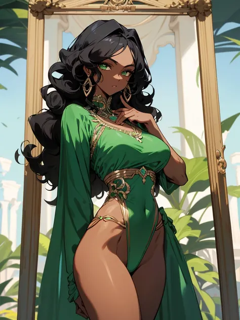 A woman with resplendent black skin, with curly black hair that forms a natural frame, displays emerald green eyes that capture attention. Her body features an elegant slim waist, robust thighs and a delicately , while wearing a stunning Grecian outfit tha...