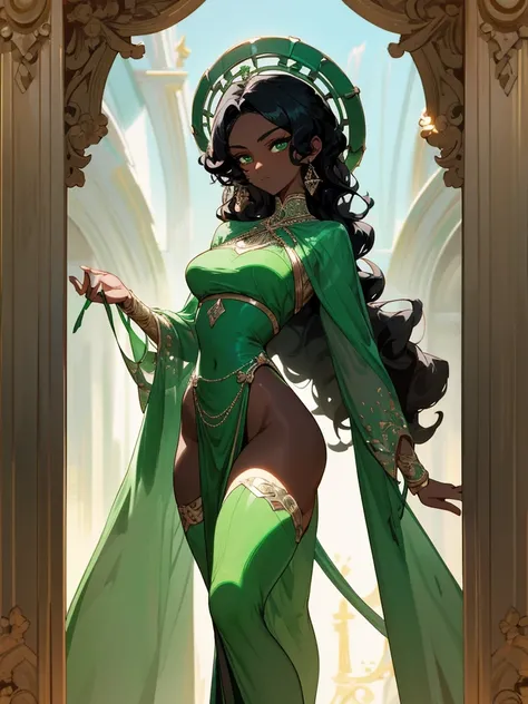 A woman with resplendent black skin, with curly black hair that forms a natural frame, displays emerald green eyes that capture attention. Her body features an elegant slim waist, robust thighs and a delicately , while wearing a stunning Grecian outfit tha...