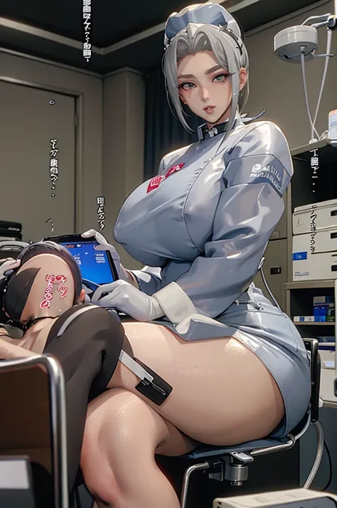 nurse uniform,hospital, latex nurse suit,nurses,busty,elbow gloves,labcoat,silverhair woman,grey eyes , gigantic ,medical instruments,asian nurse,two nurses,speculum,examination room,oversize ,big ass ,strap on, lay on table ,legs spreaded,giving birth,gyn...