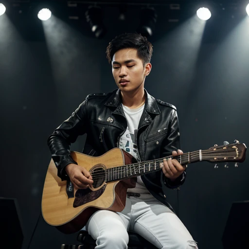 The image shows a young burmese man,24years,playing a guitar on a stage,wears black leather jacket and white jeans.the is so pretty.They are surrounded by illuminated musical notes, creating an enchanting atmosphere.A vintage microphone stands in front of ...