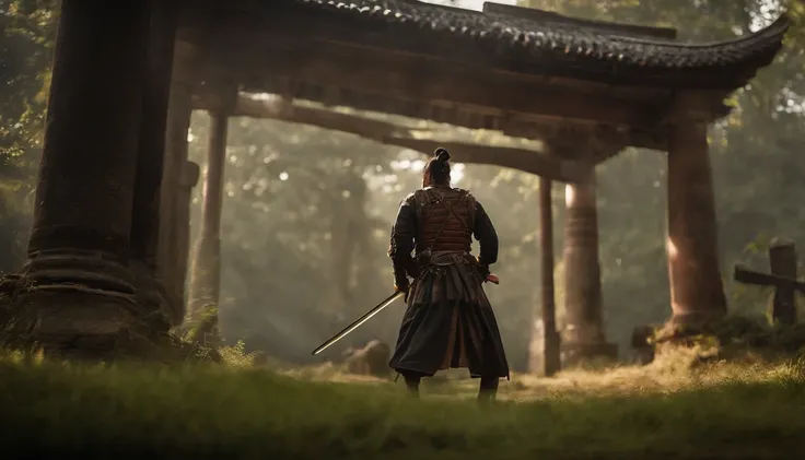 (best quality,realistic:1.37),detailed samurai fight,wounded samurais,breathtaking environment,extensive battle scars,mid-air combat,dynamic poses,detailed armor,frantic sword strikes,stunning landscape,harmonious composition,dramatic lighting,highly detai...