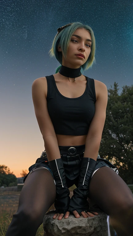 a gorgeous 20-year-old girl, half robot, with a bionic eye, green and blue hair, an athletic body, dressed in a black, short fitted skirt, a white, short tank top and an open red vest, looking at the sky with a look cradled, sitting down with a Bengal tige...