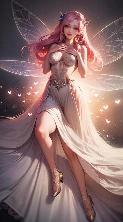 (masterpiece), (realistic), (highest quality), (super detailed),  wonderful, ((Love Fairy, red eyes, Lace Wings, Intricate fairytale costumes , Shoes with hearts, very long white hair with pink strands,, colorful hair, Dreamy smile)))), cinematic light, Un...