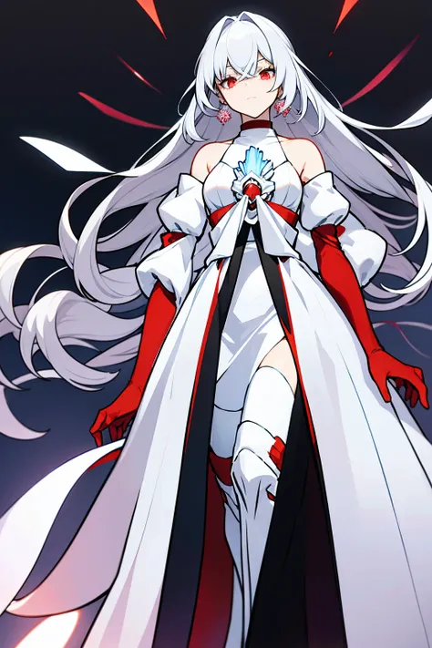 White-haired woman,Red aura around,Beautiful red eyes,White gauze dress, thin, It covers all vital organs except the face....., Wear a knee-length white dress......,The arm does not reach the top of the hip......,The arms are small...., But the ligaments a...