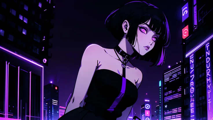 neon palette, 1girl, (masterpiece), short black hair, side swept bangs, dark purple eyes, oversized black shirt, black skirt, bl...