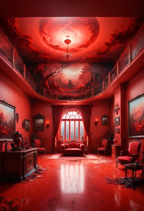 Eerie Place, red theme, indoor room, panoramic, Ultra high saturation, (best quality, masterpiece, Representative work, official art, Professional, 8k)