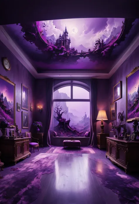 Eerie Place, purple theme, indoor room, panoramic, Ultra high saturation, (best quality, masterpiece, Representative work, official art, Professional, 8k)