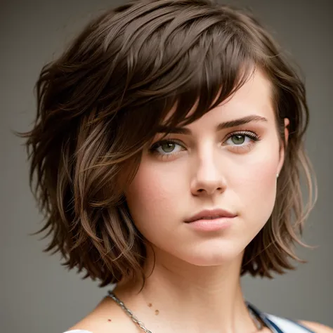 photograph of a 19 yo american woman with short brown hair, peinado desordenado, peinado corto, un retrato de personaje de alayn...