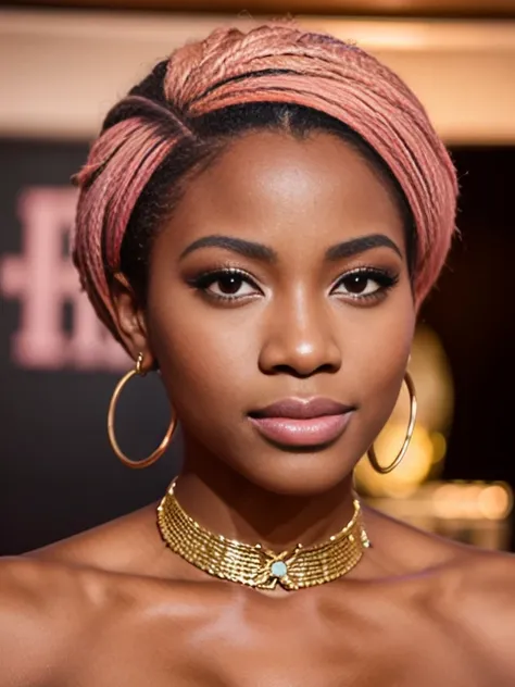 Surreal African American woman aged 22, resplendent beauty, pink lips, yeux de charme, cheveux noirs long, influenceuse Instagram, Tik Tok, photo de profil professionnel 8k