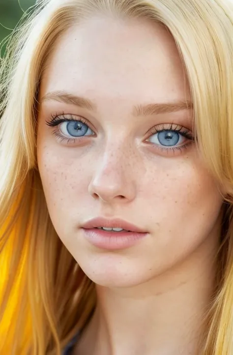 (close-up editorial photo of 19 yo woman, golden yellow  hair, slim American sweetheart), (freckles:0.8), (lips close), realistic blue eyes, POV, realistic[:, (film grain, 25mm, f/1.2, dof, bokeh, beautiful symmetrical face, perfect sparkling eyes, well de...