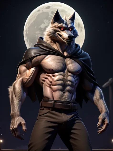 deathwolf,werewolf,male,aldult,alone,4K,best quality, whole body,looking at the audience,slim body, Show muscles,hairy body,Upper body exposed,bared  chest, Hairy chest, (muscular, Athletic body:1.0), Pink nipples, Six-pack abs, biceps, anatomically correc...