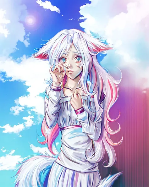 make color, withe hair, white catears, anime style