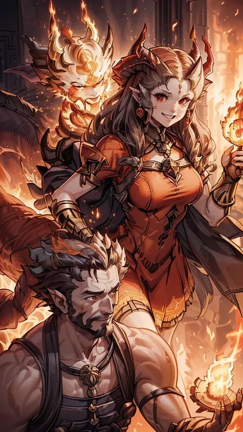 (1 girl and 1 Ifrit), ((1 Ifrit is big gentleman, he is doing princess carry to girl, with flame:1.4)), break, ((1 curly long hair cute girl cute red eyes cute smile in a red princess dress)),  in the nighat, masterpiece, best quality, 8k, beautiful detail...