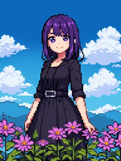 1girl,purple hair,puple eyes,black dress,facing viewer,smiling,standing near flowers,high quality,sunny,nature,blue sky,clouds