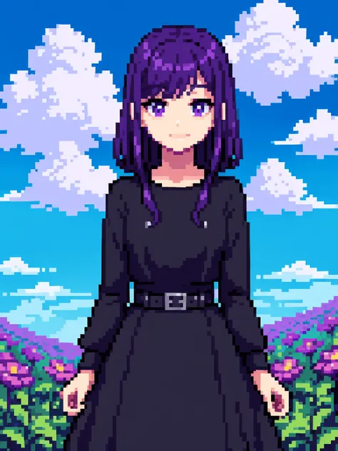 1girl,purple hair,puple eyes,black dress,facing viewer,smiling,standing near flowers,high quality,sunny,nature,blue sky,clouds