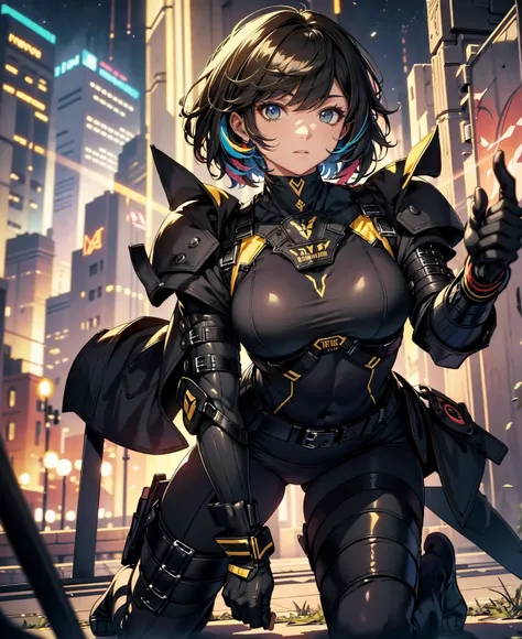 best quality，T Masterpiece，ultimate resolution，fluff，very colorful，colorful，female combatant，（kneeling pose）（pointing at you with his butt）mature woman，Black Super Short Hair，tight combat uniform，tight suit，Steel City Background，night，normal posture，normal...