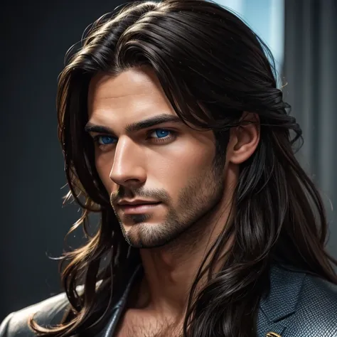 a close up of a man with long hair and blue eyes, digital art by Bernardino Mei, tumblr, digital art, handsome stunning realistic, handsome male, attractive male, wonderful dark hair, beautiful male face, beautiful young man, long dark hairs, with long hai...