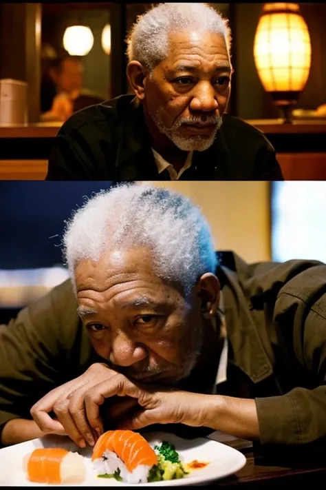 Drunk white man abuses Morgan Freeman at sushi restaurant。Morgan Freeman looks sad。