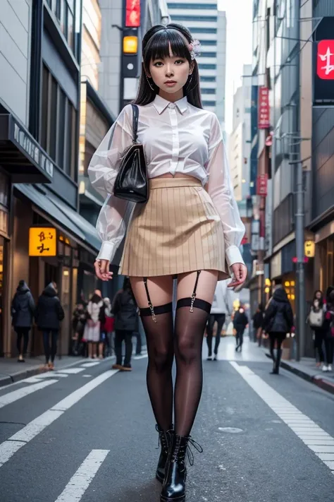 araffe dressed in a skirt and boots on a city street, dressed as , a hyperrealistic , trending at cgstation, japanese goddess, shikamimi, cute , in a tokyo street, hyperrealistic , russian and japanese mix, cl, misa amane, wearing honey - themed miniskirt,...