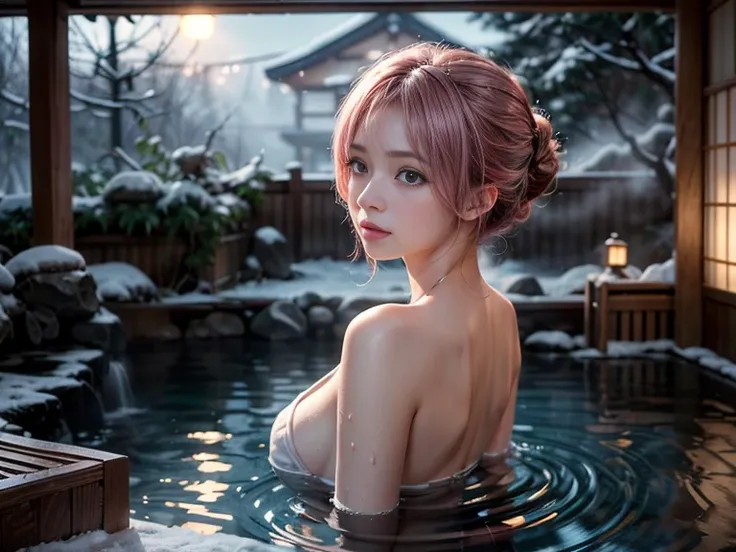 (best quality,4k,highres,masterpiece:1.2),ultra-detailed,realistic,photorealistic:1.3, (1girl:1.4), (japanese girl, beautiful detailed blue grey eyes,beautiful detailed lips, pink hair, beautiful face with soft skinice, bare body, busty posture), towel dra...