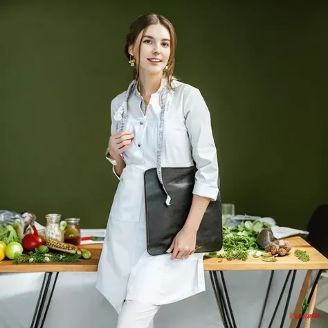 woman standing in front of a table with a laptop and vegetables, white waist apron and undershirt, white apron, wearing lab coat...