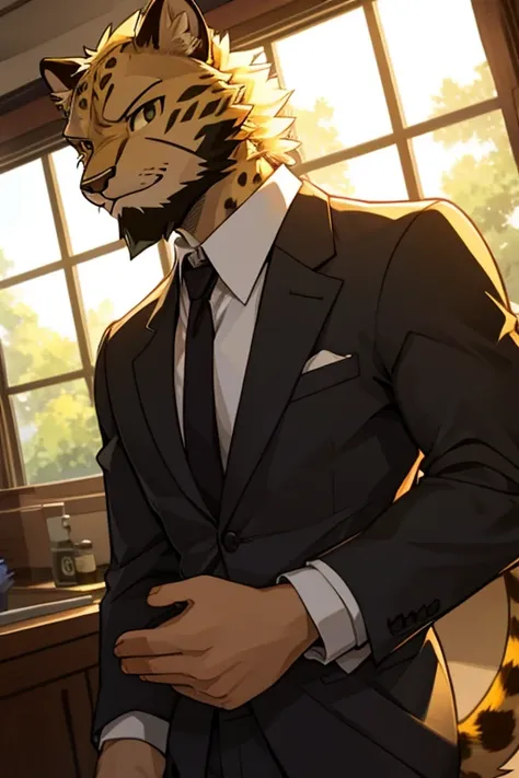 solo, male, cheetah, beastars, bñack hair, short hair, beard, antro,