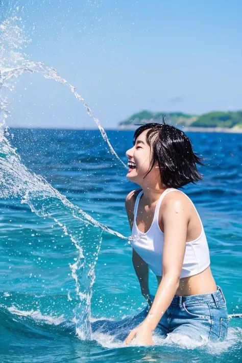 1 girl、whole、Splashing water on each other、innocent smile、Real like a photo、Very short black hair、Crystal clear sea、Camisole and hot denim pants、cat-eyed beautiful girl、18-year-old、healthy dark skin