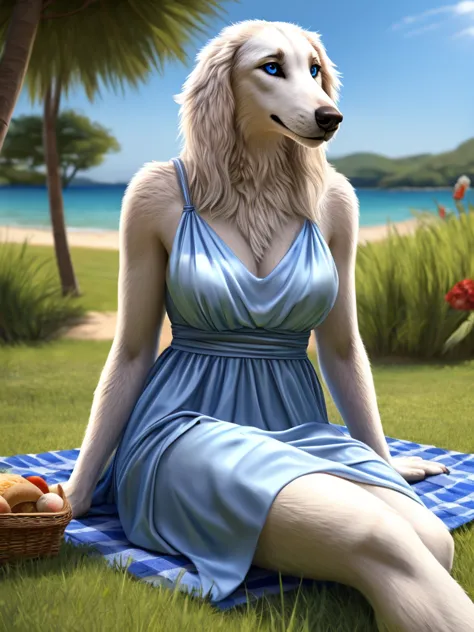 in the style of alsares, female anthro cute mammal borzoi, in the park, picnic, having a picnic, checkered tablecloth, grass, na...