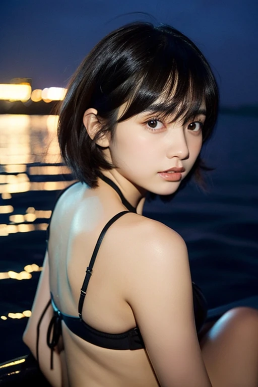 1 girl、whole、ephemeral、look back、Real like a photo、very short black hair、On the sea at night、black bikini、Super beautiful girl with cat eyes、18-year-old、slightly brown skin、