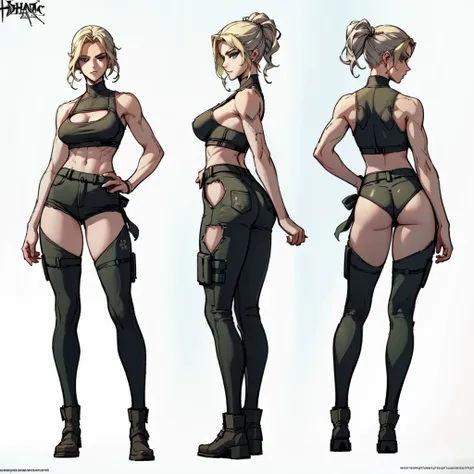 character sheet, front view, side view, view from back, ((masterpiece)),(((best quality))),((character design sheet)),  ((flat color, plain color)),concept, poses, masterpiece, best quality, highres, 1girl as apocalypse mercenary female, (blonde hair:1.2),...