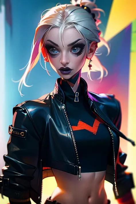 An ultra-realistic CG illustration of  katopunk as gothgirl waifu, solo, piercing gaze and bold makeup,  wearing a leather jacket with a crop top, and her hair is styled in a sleek updo.