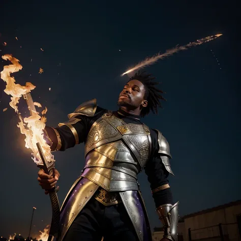 Black man with purple and gold armor flying in the sky with a sword in his hand on fire