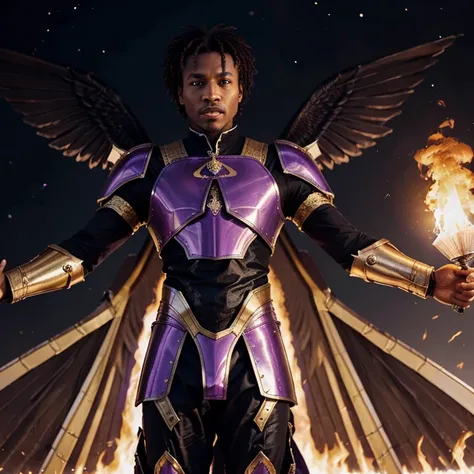 Black men with purple and gold armor with wings flying in an ufo from space to earth with swords in their hand on fire