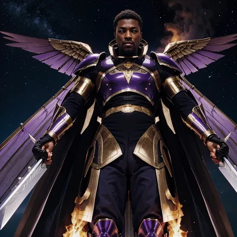 Black men with wings and purple and gold armor flying on UFOs from space to earth and swords in their hand on fire