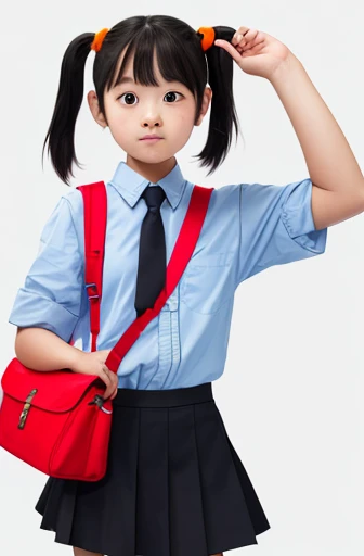 girl,Pigtails,black hair,primary school student,Orange clothes,skirt,tie,red school bag,white background