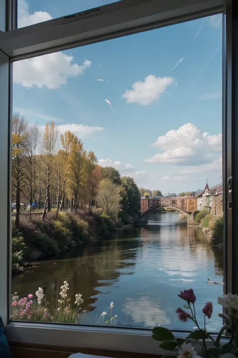 masterpiece, better quality, High quality, extremely detailed CG 8k Unity wallpaper, View from the window, Classic Russian Landscape, River, Birch, blue skies, spring, flowers, cumulus clouds,  HDR, flower, Chromatic aberration, Rendering, very detailed, T...