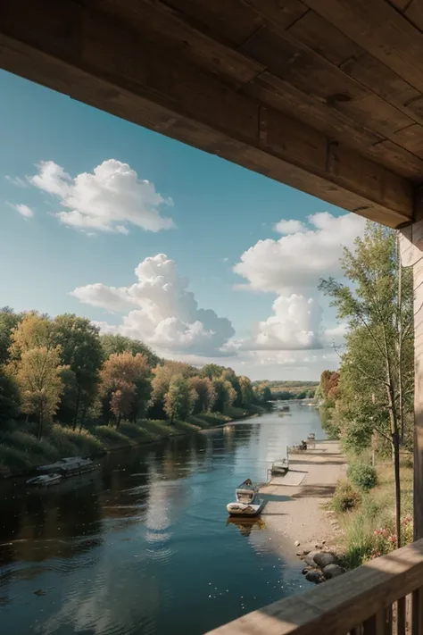 masterpiece, better quality, High quality, extremely detailed CG 8k Unity wallpaper, View from the window, Classic Russian Landscape, River, Birch, blue skies, spring, flowers, cumulus clouds,  HDR, flower, Chromatic aberration, Rendering, very detailed, T...