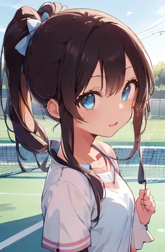 table top, highest quality, 8K_wallpaper, (beautiful eyes), ((cute)), cute, (Lovely), (晴れた日のTennis court),1 girl,,1 ,Walking Girl,smile,close up of face、Portrait(((Tennis court)))(((tennis wear)))