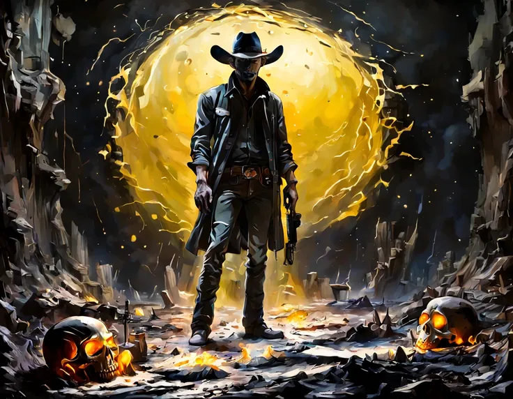 it's night time, the atmosphere is eerie and mist rises from the ground. on the front is a haunting cowboy who has a void replac...