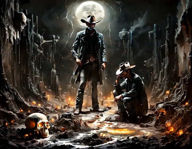 it's night time, the atmosphere is eerie and mist rises from the ground. on the front is a haunting cowboy who has a void replac...