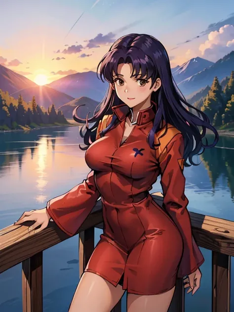 (obra maestra),(Mejor calidad), Katsuragi Misato, vestido negro, Brown eyes,  collar con una cruz, vestido de cuello alto,  chaqueta roja, en un puente, cerca, afuera, japanese castle far away, lago, Mirada persistente, ojos afilados, mountains,