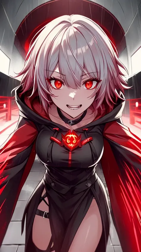 a dark red demon with horns and a hoodie, with red glowing eyes, red glowing eyes, evil smile and glowing eyes, the grim reapper, | demonic | horror themed, demon girl, grimdark vibes, evil glow, helltaker, dark art style, villain wearing a red oni mask, w...