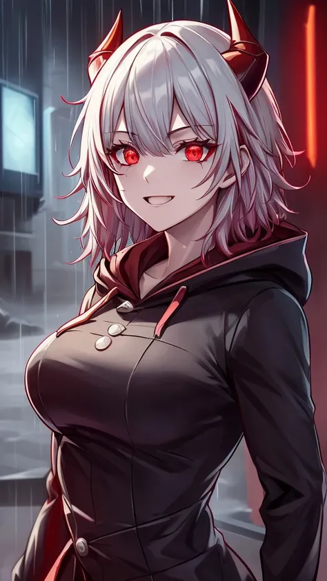 a dark red demon with horns and a hoodie, with red glowing eyes, red glowing eyes, evil smile and glowing eyes, the grim reapper, | demonic | horror themed, demon girl, grimdark vibes, evil glow, helltaker, dark art style, villain wearing a red oni mask, w...