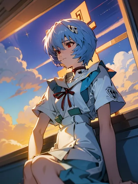 1 chica, ayanami, evangelion, 8k, Mejor calidad, uniforme escolar, aula, Sonrisa gentil, sentado en una silla, mirando por la ventana, Luz del atardecer, most detail