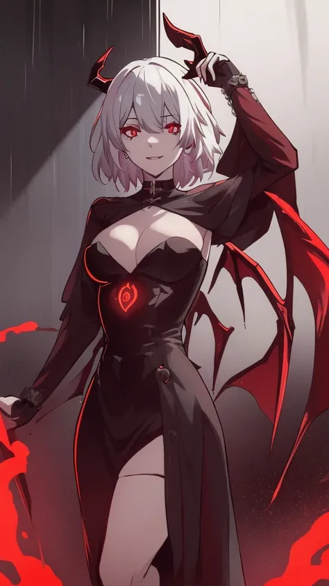 a dark red demon with horns, NSFW, no clothes, perfect body proportions, with red glowing eyes, red glowing eyes, evil smile and glowing eyes, the grim reapper, | demonic | horror themed, demon girl, grimdark vibes, evil glow, helltaker, dark art style, wi...